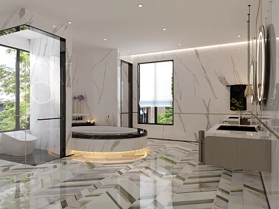Modern Bathroom Interior Design With Marble Floor Bathtub Vanity And Large Windows 3d model