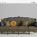 Classic Multi Person Sofa With Gold Carved Details Patterned Fabric Gray And Orange Throw Pillows