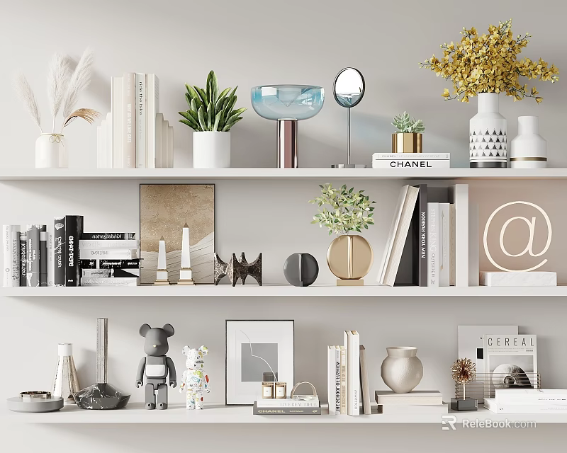 Modern Shelf Decorative Ornament Set With Books Plants Vases Mirrors And Small Ornaments 3d model 