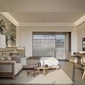 Serene Hotel Room with Sea View Balcony Floor-to-Ceiling Windows Bed and Wooden Desk