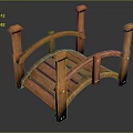 Small Wooden Decorative Bridge With Curved Railings And Support Posts For Garden Ornament