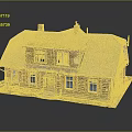 Cartoon Scenery of Model House With Gray Roof Brown Walls Red Shutters Chimneys and Reflection