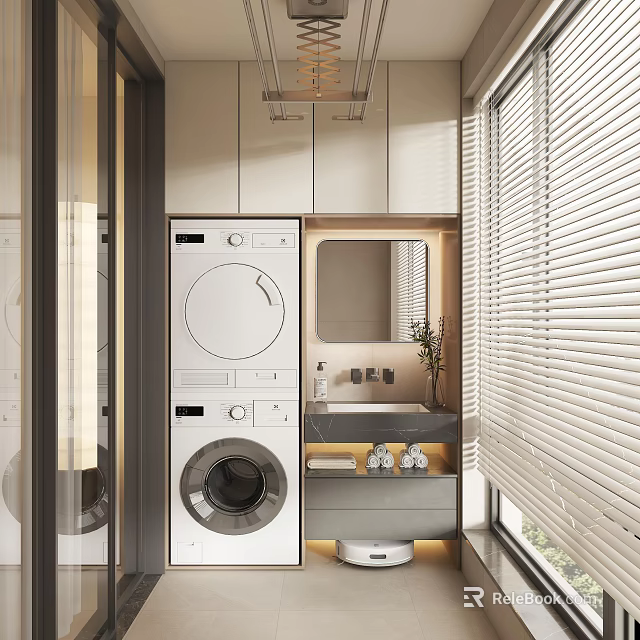 Modern Home Balcony Laundry Area With Washing Machine Dryer Sink Mirror Blinds and Plant 3d model 