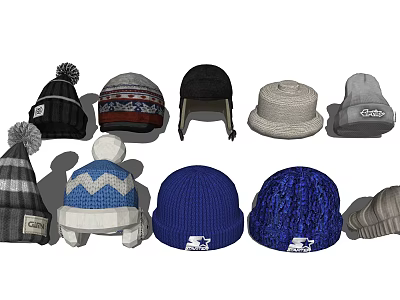 Various Stylish Knitted Hats With Pom Poms And Patterned Designs For Winter Wear 3d model