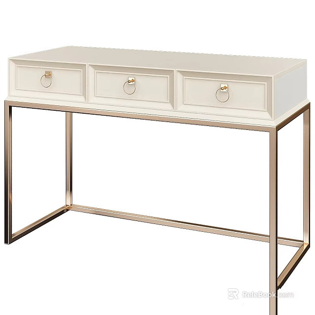 Modern White Dining Table With Three Drawers And Gold Ring Handles On Metal Frame 3d model 