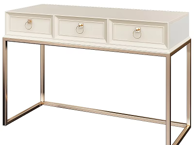 Modern White Dining Table With Three Drawers And Gold Ring Handles On Metal Frame 3d model