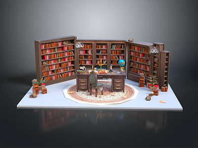 Wooden Bookshelves Filled With Books in Home Office Featuring Desk Chair Globe and Decorative Items 3d model