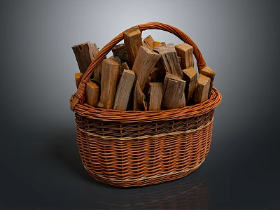 Handwoven Wicker Basket Filled With Natural Firewood Logs For Home Daily Use 3d model