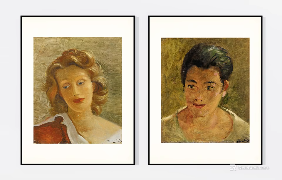 Two Framed Portrait Paintings With Blond Female and Dark Haired Male Figures 3d model 