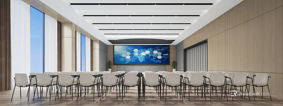 Modern Conference Room Interior With Large Digital Screen White Chairs Wooden Walls And Potted Plants 3d model 