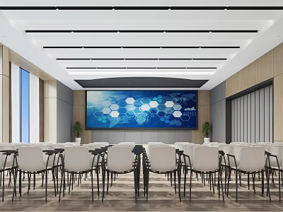 Modern Conference Room Interior With Large Digital Screen White Chairs Wooden Walls And Potted Plants 3d model