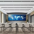 Modern Conference Room Interior With Large Digital Screen White Chairs Wooden Walls And Potted Plants
