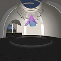 Exhibition Hall With Suspended Pink Blue Gradient Sculpture Circular Decorative Rings And Round Reflecting Pool
