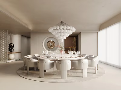 Luxurious Private Dining Booth With Round Table White Chairs And Chandelier 3d model