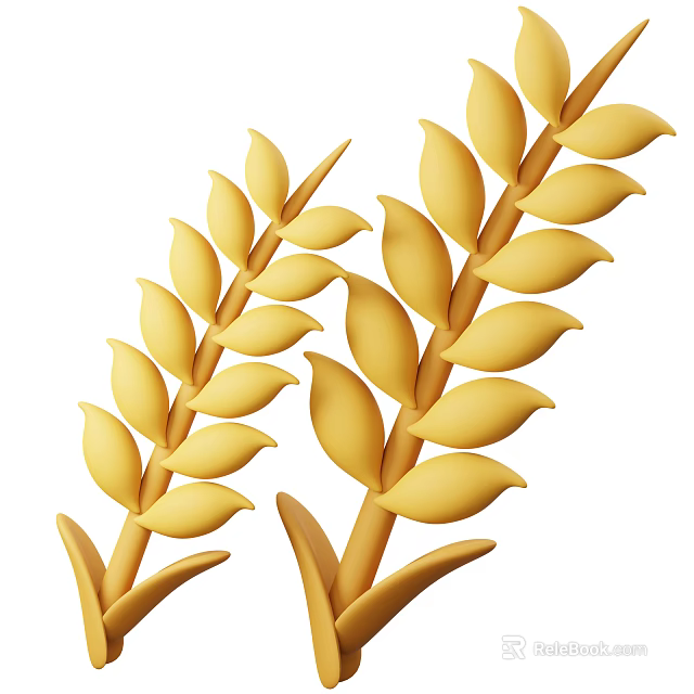 Two Yellow Wheat Ears 3D Model Design With White Background And Realistic Stalks 3d model