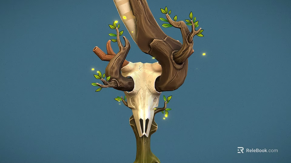 Unique Fantasy Weapon Featuring Tree Branches Animal Skull Green Leaves Glowing Lights And Blue Background 3d model 