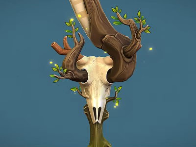 Unique Fantasy Weapon Featuring Tree Branches Animal Skull Green Leaves Glowing Lights And Blue Background 3d model