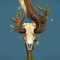 Unique Fantasy Weapon Featuring Tree Branches Animal Skull Green Leaves Glowing Lights And Blue Background