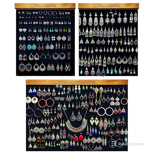 Colorful Fashion Jewelry Collection with Earrings Necklaces and Bracelets on Display Board 3d model 
