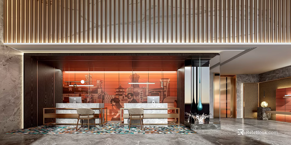 Hotel Lobby Interior With Wooden Slats Ceiling Orange Backdrop Reception Counter And Colorful Mosaic Floor 3d model 
