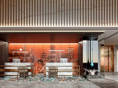 Hotel Lobby Interior With Wooden Slats Ceiling Orange Backdrop Reception Counter And Colorful Mosaic Floor 3d model