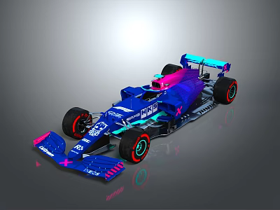 Blue and Pink Streamlined Formula One Racing Car with Rear Wing and Tires 3d model