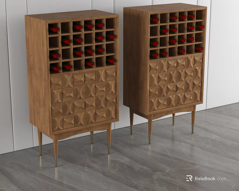 Wooden Wine Cabinets With Grid Compartments Geometric Patterned Base And Metal Legs 3d model 