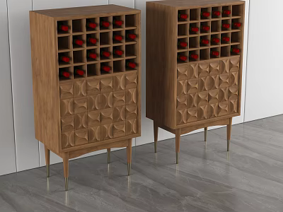 Wooden Wine Cabinets With Grid Compartments Geometric Patterned Base And Metal Legs 3d model