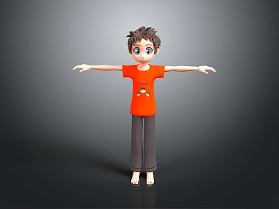 3D Model Man With Short Hair Blue Eyes Orange T-shirt Gray Pants Barefoot Arms Outstretched 3d model