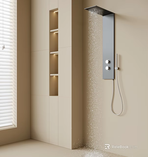 Contemporary Beige Bathroom Interior With Illuminated Niches And Streaming Shower Head 3d model 