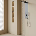 Contemporary Beige Bathroom Interior With Illuminated Niches And Streaming Shower Head