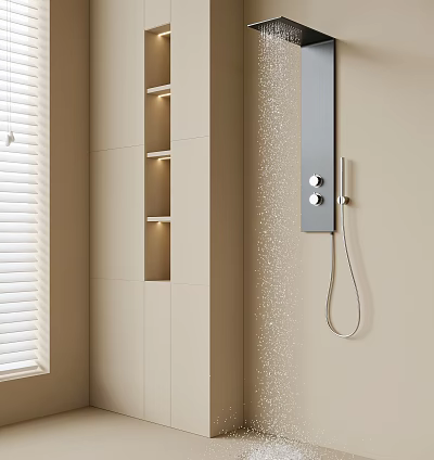 Contemporary Beige Bathroom Interior With Illuminated Niches And Streaming Shower Head 3d model