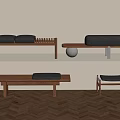 Modern Wooden Benches With Upholstered Seats And Spherical Decor On Shelf