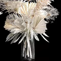 Elegant White Beige Floral Arrangement With Feathers In Glass Vase On Black Background
