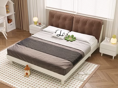 Modern Double Bed with Brown Tufted Headboard White Frame Nightstands Yellow Lamps Wooden Floor Blinds Rug 3d model