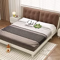 Modern Double Bed with Brown Tufted Headboard White Frame Nightstands Yellow Lamps Wooden Floor Blinds Rug