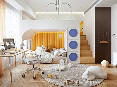 Children's Room With Yellow Headboard Blue Circular Decor Wooden Stairs Study Area And Plush Toy 3d model