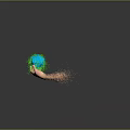 Man hand holding green polyhedron with orange particles splashing around