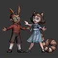3D Cartoon Characters With Boy Red Shirt Girl Cat Ears Striped Tail Blue Dress