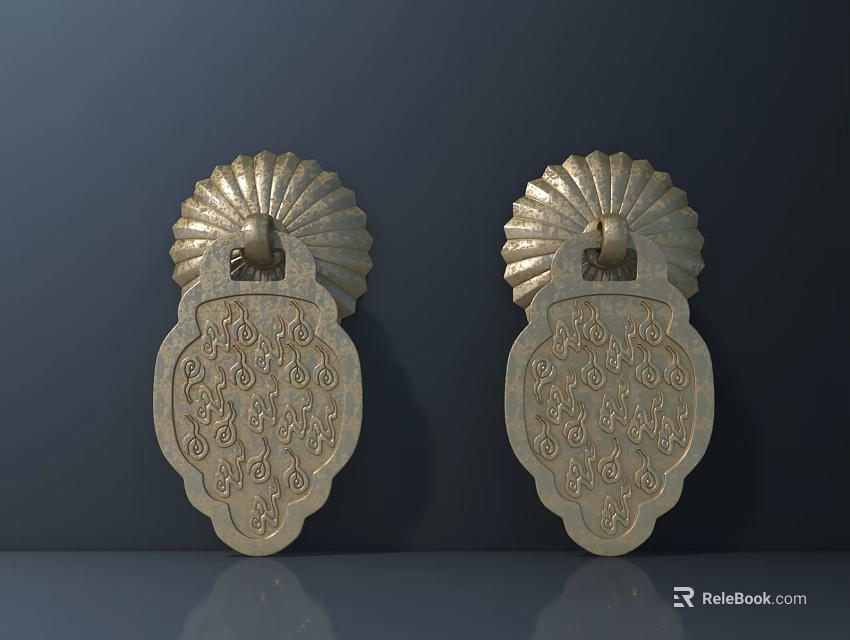 Pair of Brass Door Handles With Intricate Ornate Carved Patterns 3d model 