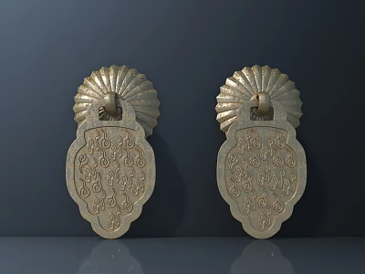 Pair of Brass Door Handles With Intricate Ornate Carved Patterns 3d model