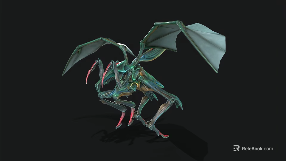 3D Fantasy Creature Model With Green Blue Color Large Wings And Red Claws 3d model 