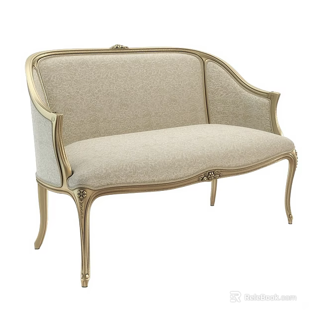 Classical Two-Seater Sofa with Light Gray Fabric Upholstery and Carved Gold Metal Frame 3d model 
