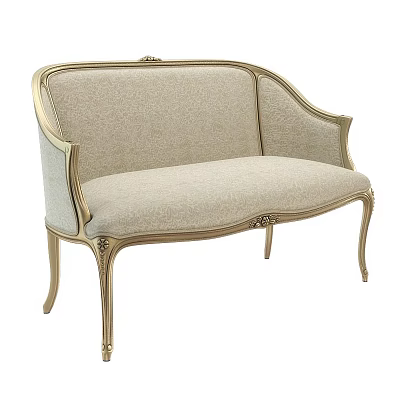Classical Two-Seater Sofa with Light Gray Fabric Upholstery and Carved Gold Metal Frame 3d model