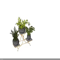 Stylish Garden Decor With Gold Metal Plant Stand And Textured Planters Holding Green Plants