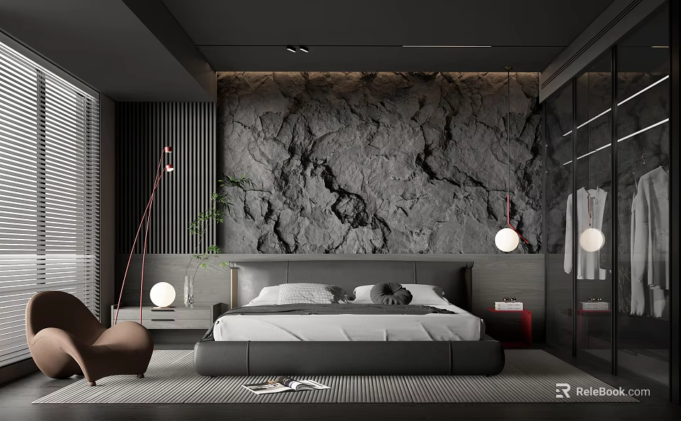Modern Bedroom Design With Stone Texture Accent Wall Large Bed Brown Chair And Floor Lamps 3d model 