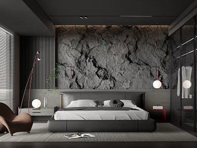Modern Bedroom Design With Stone Texture Accent Wall Large Bed Brown Chair And Floor Lamps 3d model