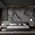 Modern Bedroom Design With Stone Texture Accent Wall Large Bed Brown Chair And Floor Lamps