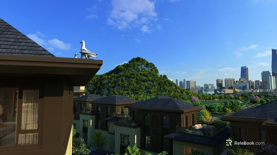 Residential Houses With Dark Roofs Lush Green Hills City Skyline Blue Sky And White Clouds 3d model 
