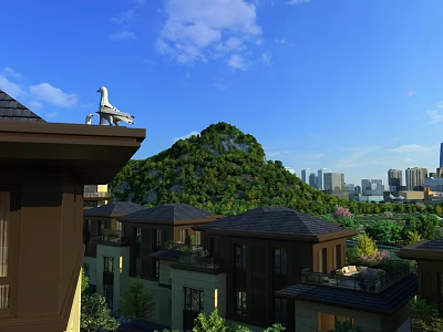 Residential Houses With Dark Roofs Lush Green Hills City Skyline Blue Sky And White Clouds 3d model